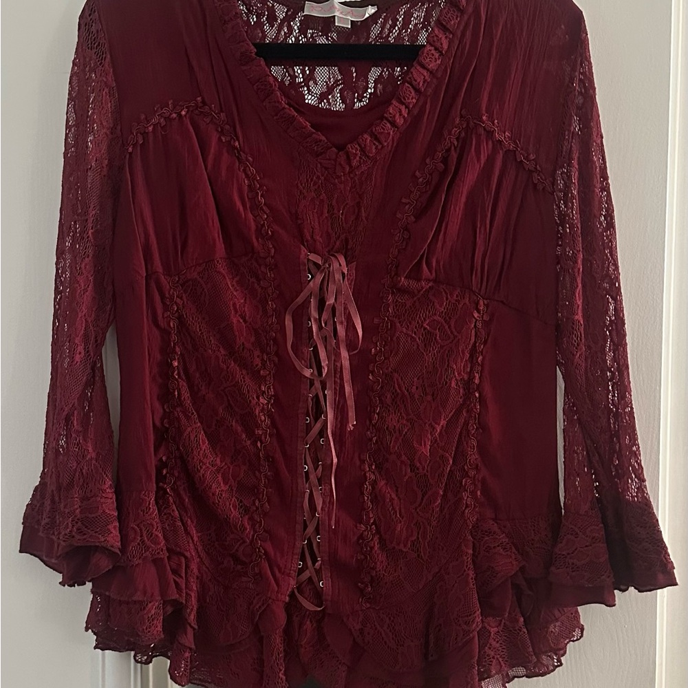 Elegant Burgundy Lace-Up Women's Top